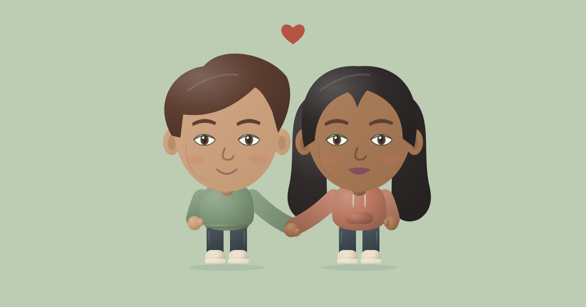 Two Luvu cartoon characters holding hands beneath a heart on a solid sage-green background.